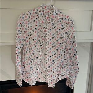 Boden size 6 White Button-Up Blouse with Red & Blue Novelty Print